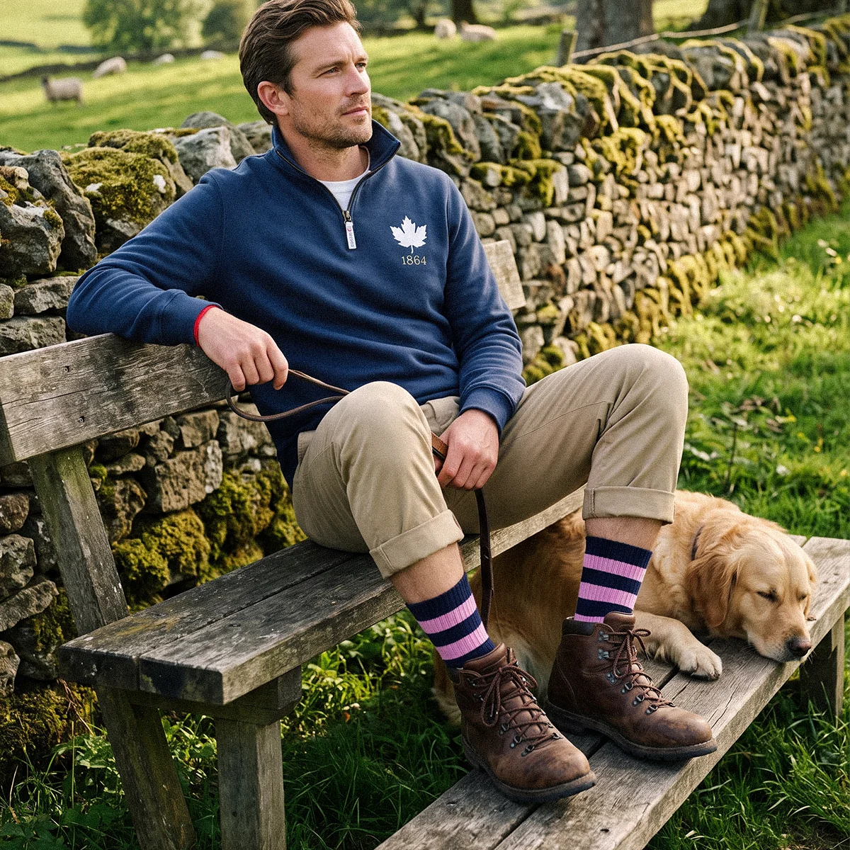 Rugby 1823 Heritage Pure Cotton Striped Socks A man sits relaxing on a country bench with a golden retriever dog by his side. He wears a Rugby 1823 Pure Cotton Half Zip Sweatshirt and Heritage Pure Cotton Striped socks.